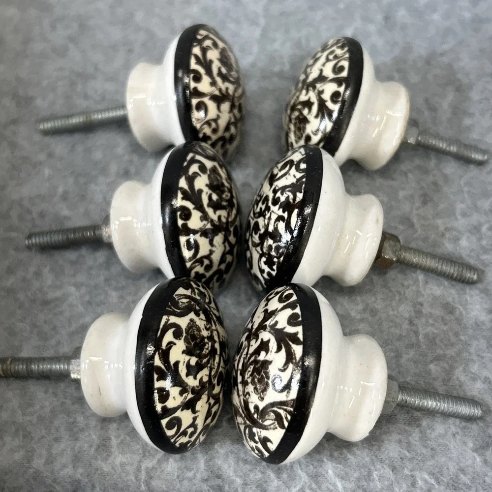 Vtg Porcelain Drawer Pulls floral damask, scroll Cabinet Knobs Lot 6 vine